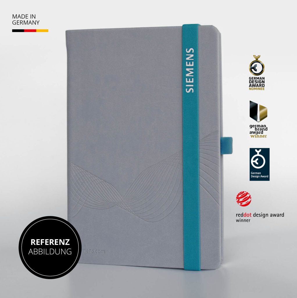 Hellgraues Notizbuch mit feiner Linien Blindprägung, türkisfarbenem Lanyband mit SIEMENS Schriftzug, Referenzabbildung Made in Germany mit Designauszeichnungen