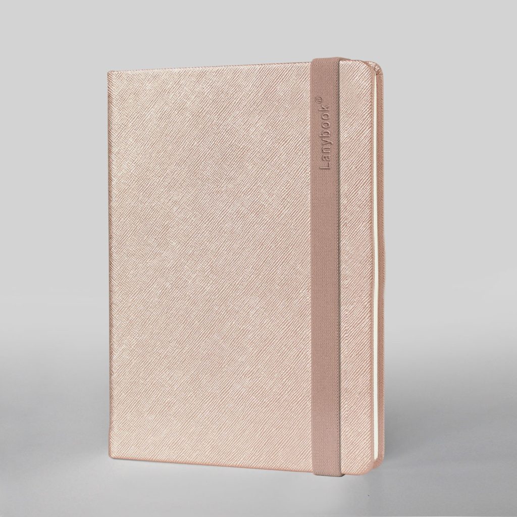 Individuelles Lanybook® Notizbuch A5 in Roségold mit Saffiano Oberfläche und Lanyband, exklusives Werbegeschenk für Unternehmen