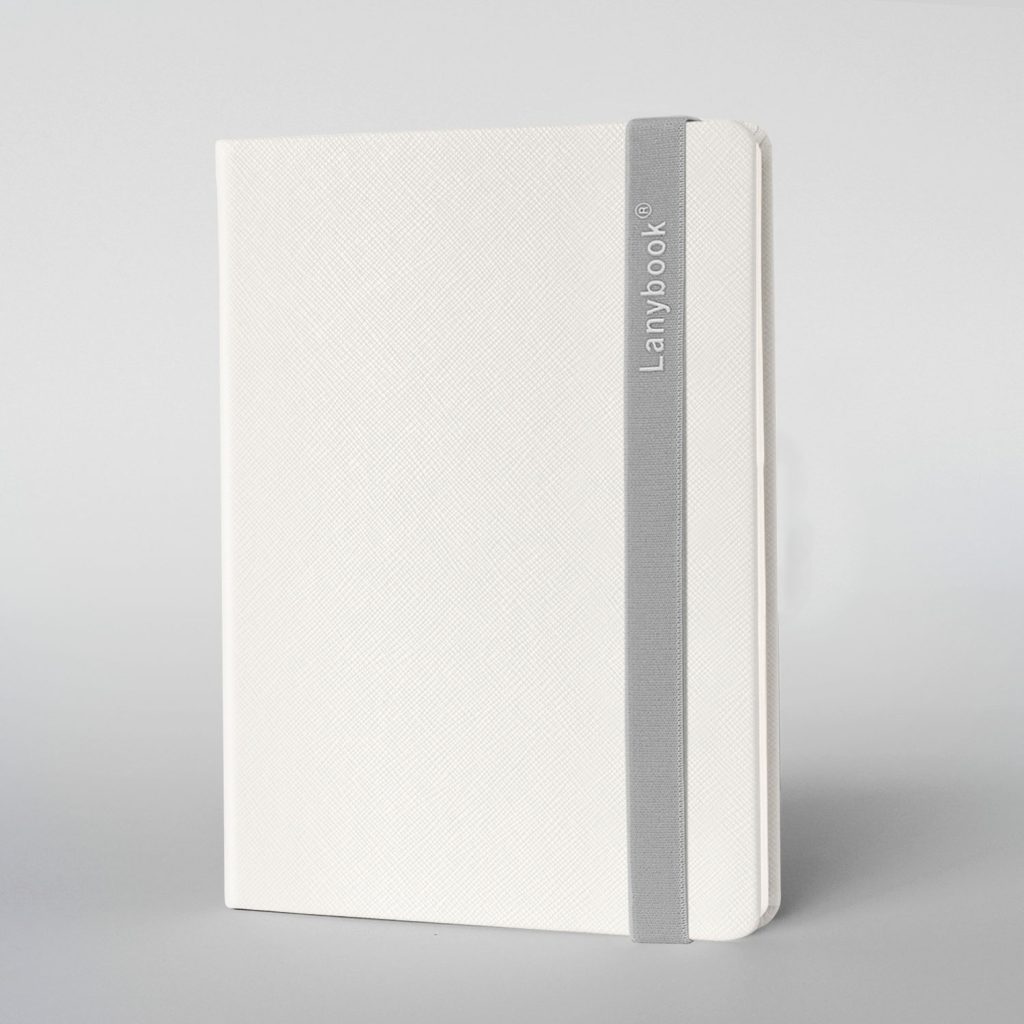 Individuelles Lanybook® Notizbuch A5 in Weiß mit grauem Lanyband und Saffiano Oberfläche, hochwertiges Werbegeschenk für Unternehmen