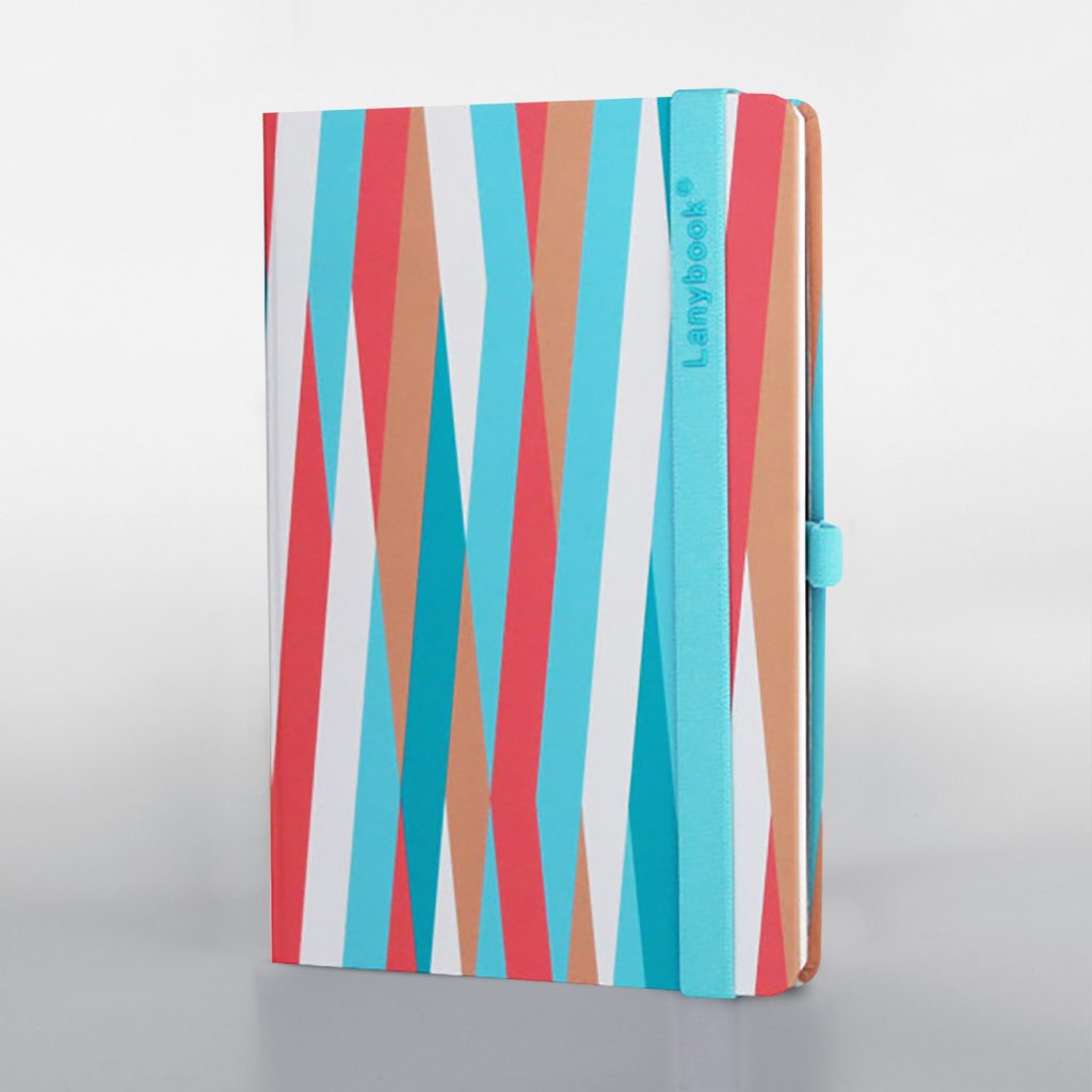 Lanybook® Notizbuch A5 mit geometrischem Design in Blau, Rot und Beige mit Lanyband, modernes Notizbuch
