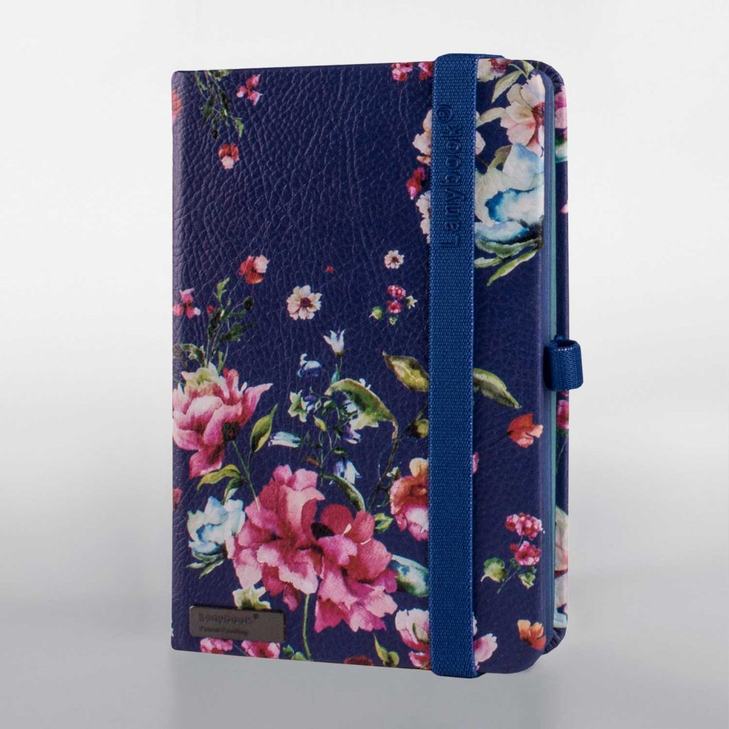 Individuelles Lanybook® Notizbuch A5 mit floralem Design in Blau und Lanyband, kreatives Werbegeschenk für Unternehmen