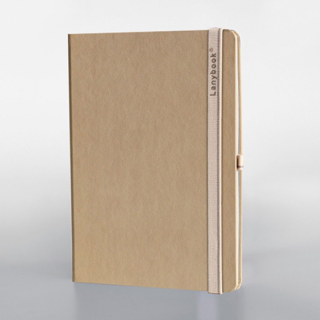 Individuelles Lanybook® Notizbuch A5 in Beige mit Lanyband, nachhaltiges Werbegeschenk für Unternehmen