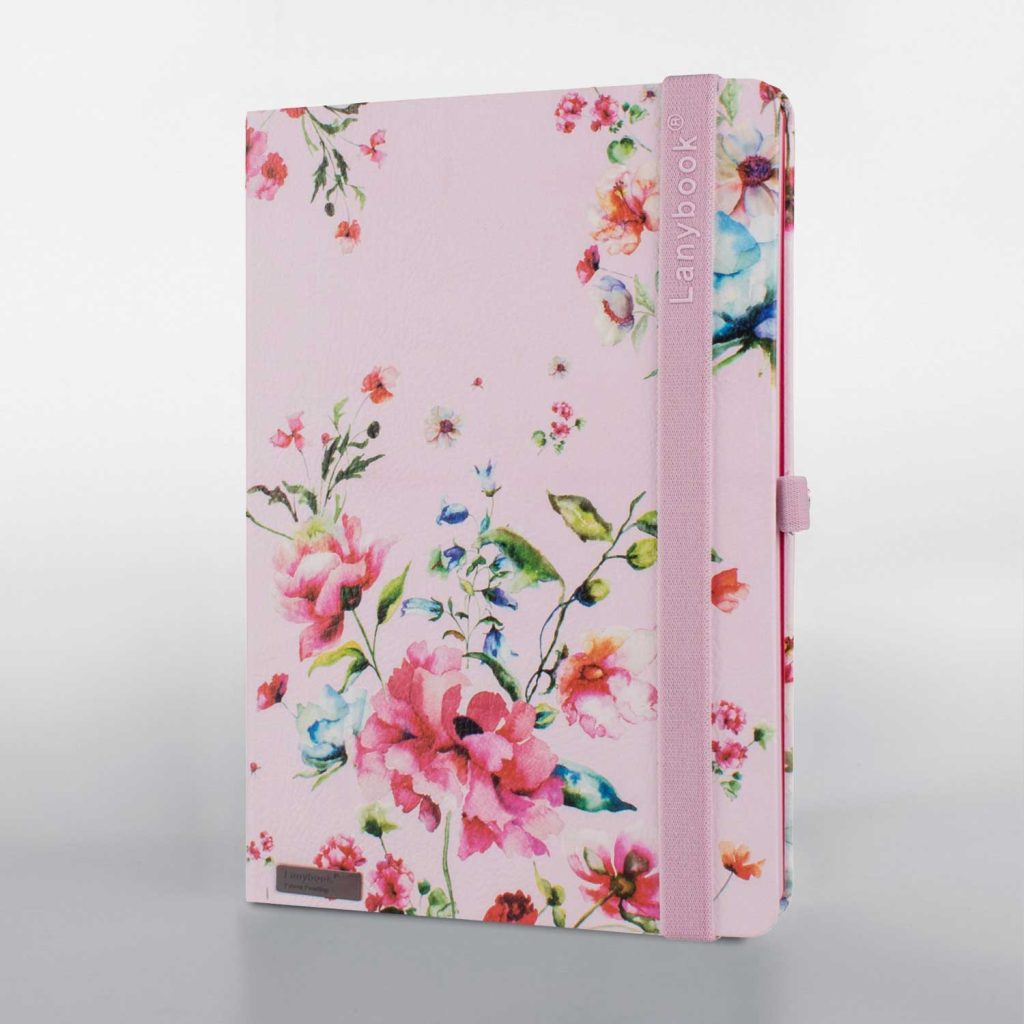 Lanybook® Notizbuch A5 mit floralem Design in Rosa und Lanyband, hochwertiges Notizbuch mit Blumenmuster